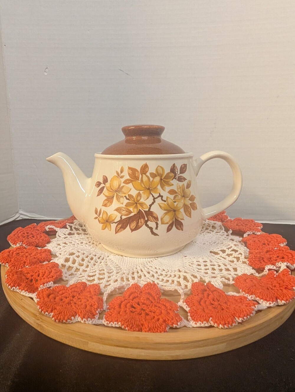 Vintage Sadler Teapot Made in England. Ceramic Retro Brown Fall Flowers Design